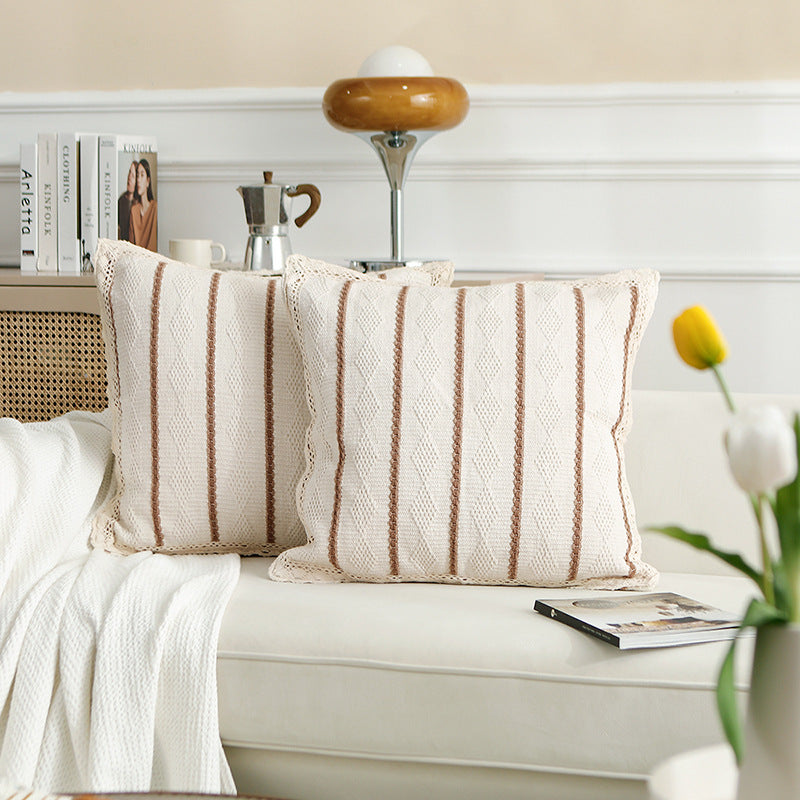Decorative cushion cover made of cotton-linen with crocheted edge and textured stripes Kalsten