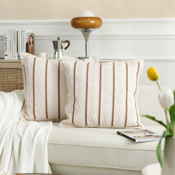 Decorative cushion cover made of cotton-linen with crocheted edge and textured stripes Kalsten