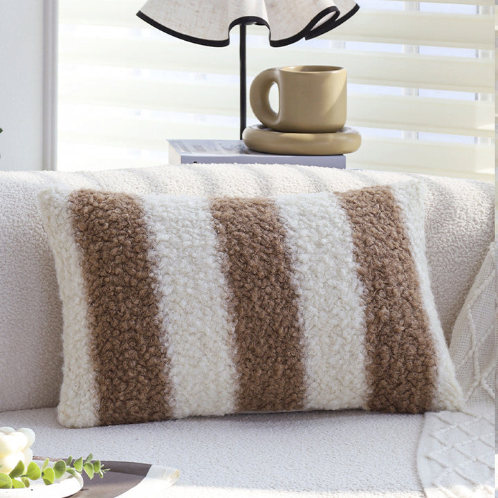 Rectangular decorative cuddle pillow cover with striped teddy boucle look and sherpa finish Kalsten