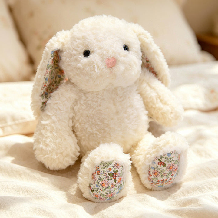 Plush Floral-Lined Ear Bunny Stuffed Toy with Embroidered Face and Curly Faux Fur Kalsten
