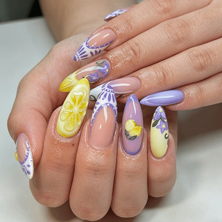 Artificial nails with creative lemon and lilac design Kalsten