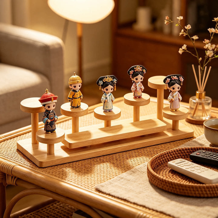 Two-Tier Wavy Wooden Display Stand for Mini Figures and Collectibles