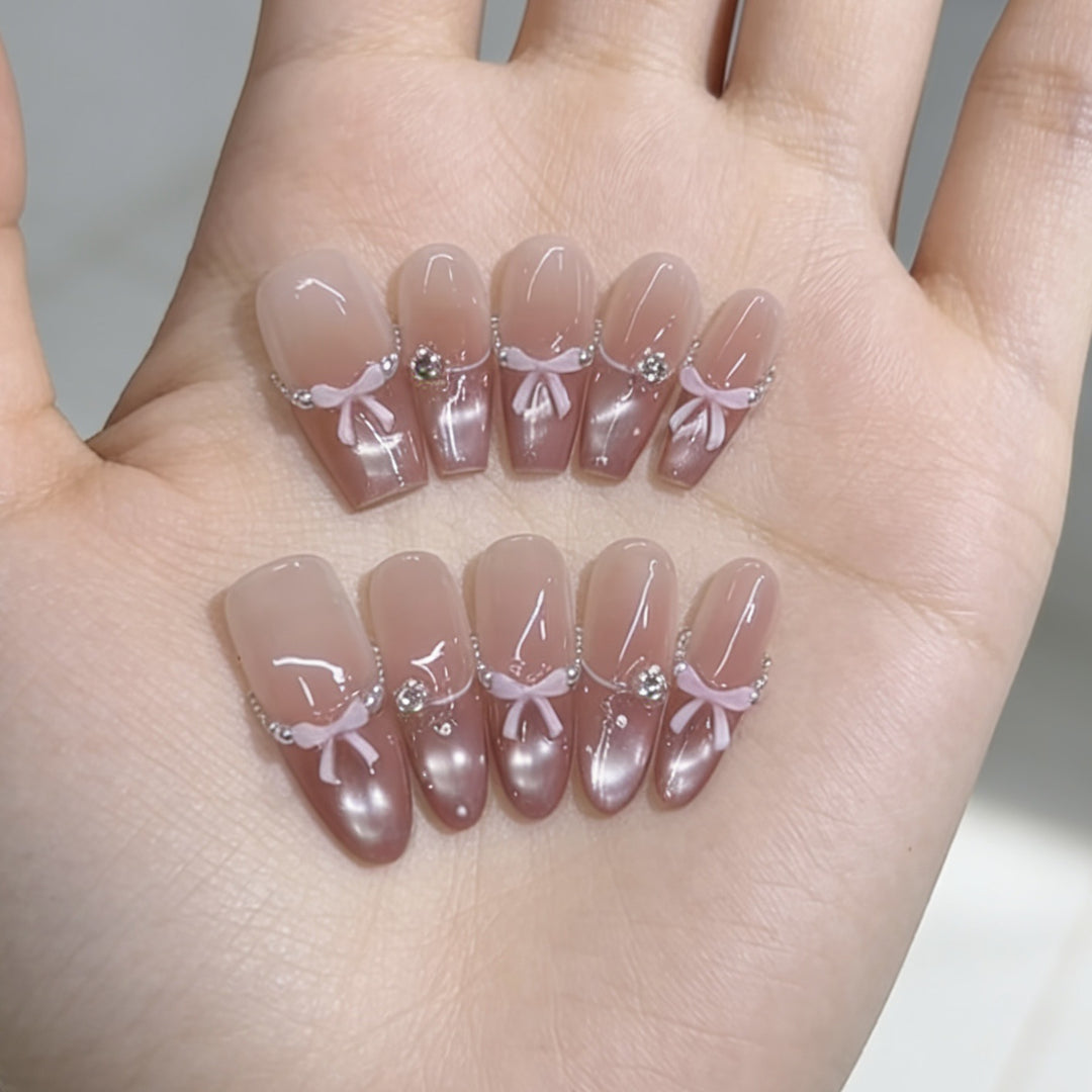 Decorative Press-On Nail Set with Elegant Bow and Gem Accents Kalsten