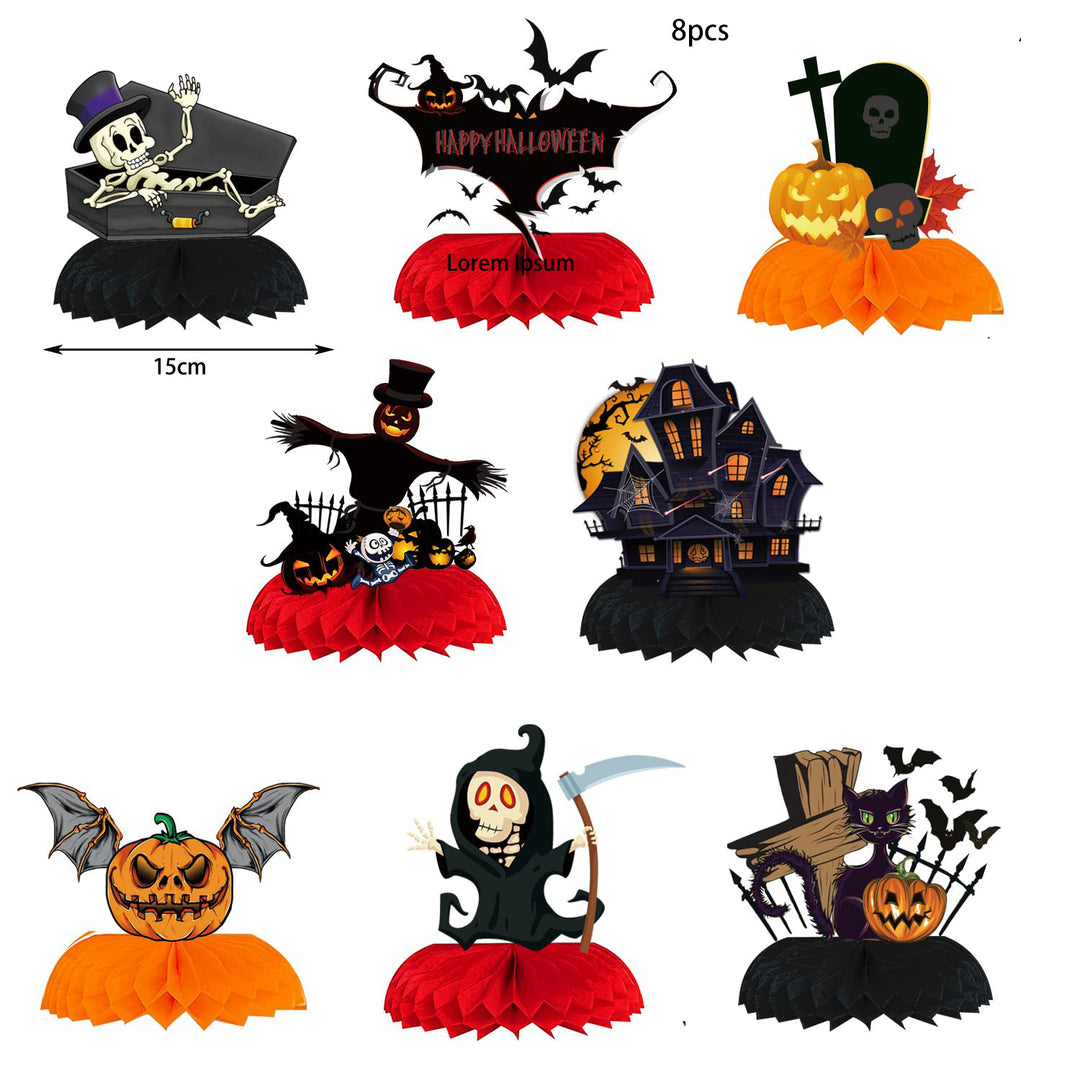 Paper Halloween table decoration with three-dimensional honeycomb centerpieces