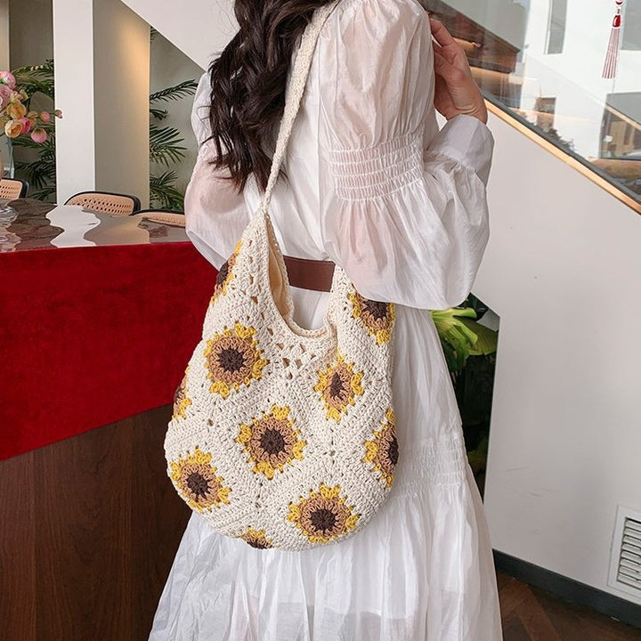 Macrame Tote Bag with Colorful Sunflower Pattern Kalsten