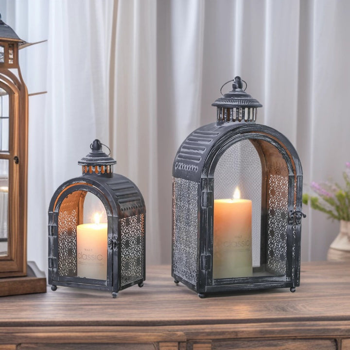 Antique-Style Arched Metal and Textured Glass Candle Lantern for Pillar Candles Kalsten