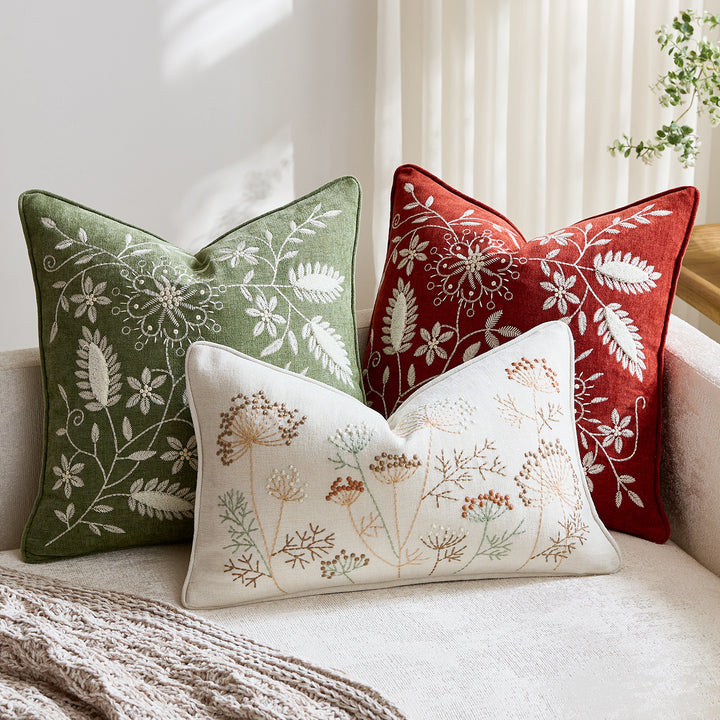 Embroidered Linen Throw Pillow Cover with Floral Motif