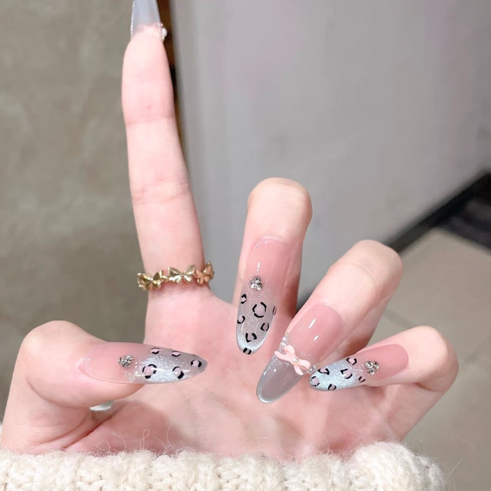 Artistic Stiletto Press-On Nail Set with Leopard Print and Bow Accents Kalsten