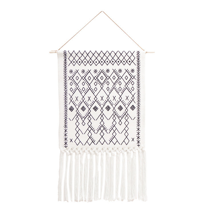 Woven Boho wall tapestry in Ethno design with long fringes and wood stick Kalsten