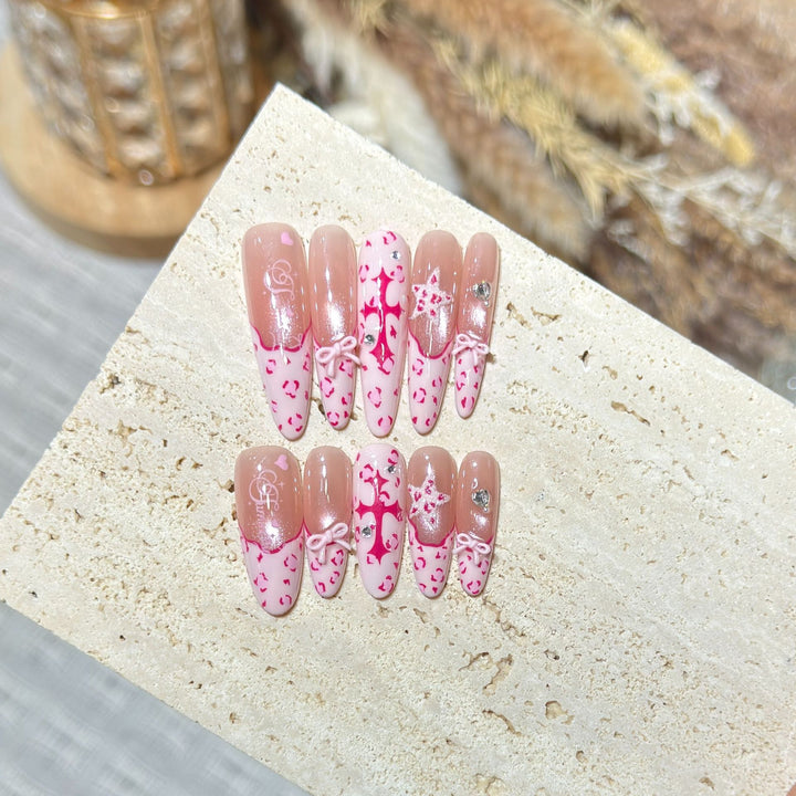 Artistic Stiletto Press-On Nail Set with Heart and Bow Design Kalsten