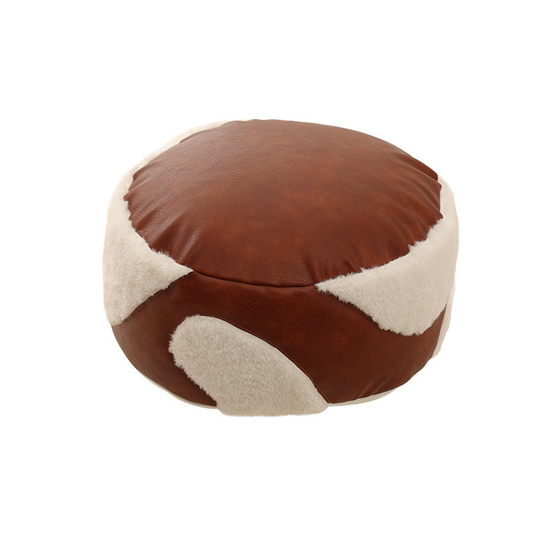 Round padded seat pouf as a floor stool with vintage leather look and teddy fleece inserts Kalsten