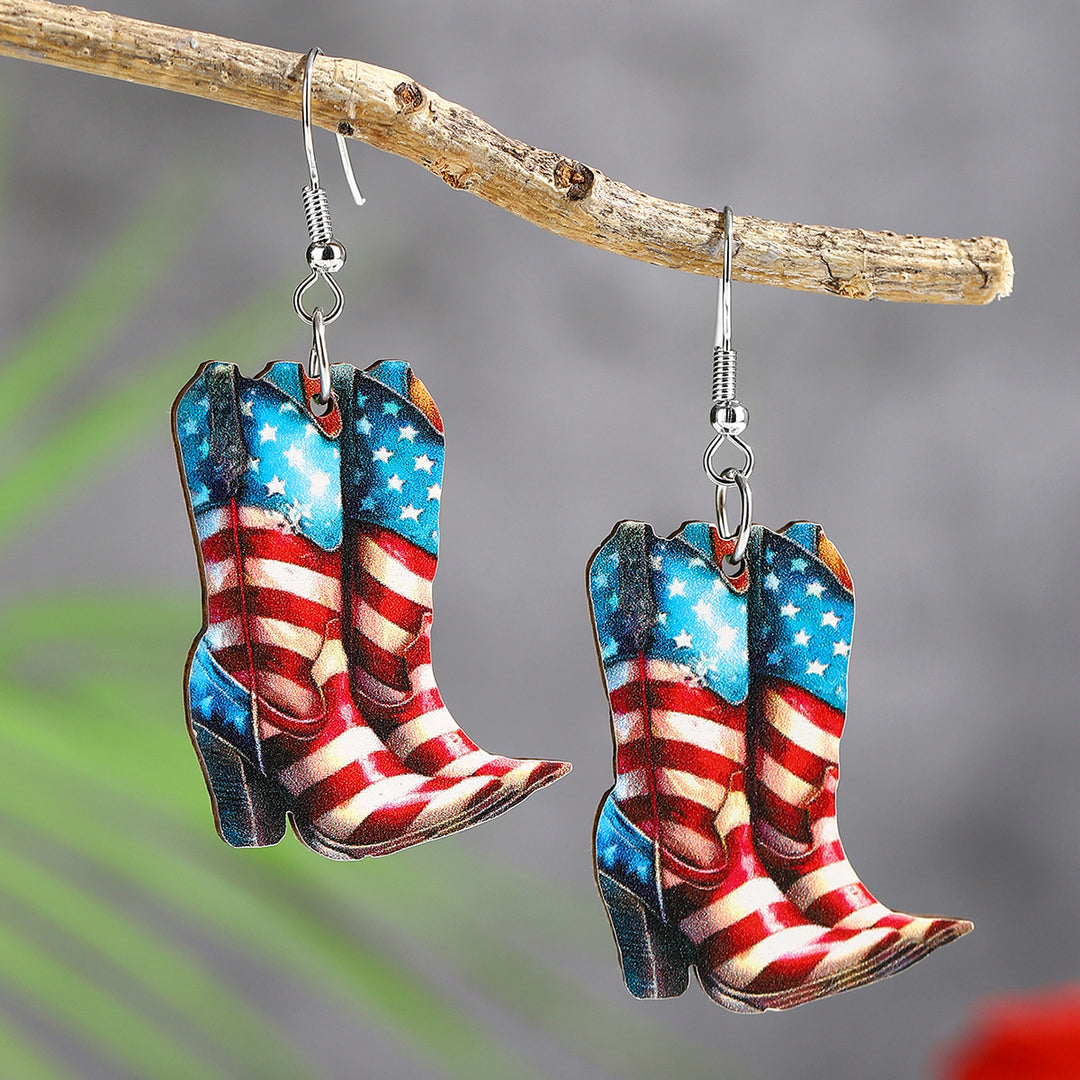 Ladies nan cowboy boots earrings with flag pattern made of lightweight wood Kalsten