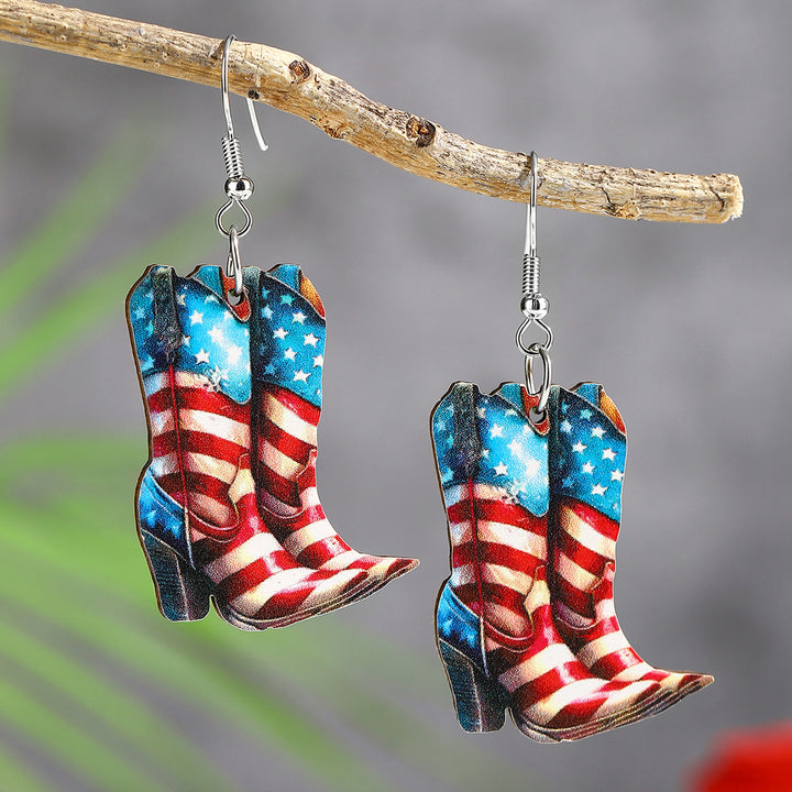 Ladies nan cowboy boots earrings with flag pattern made of lightweight wood Kalsten