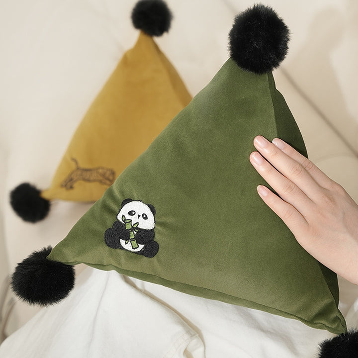 Triangular decorative pillow with zebra embroidery, pompom applications, and soft velvet cover Kalsten