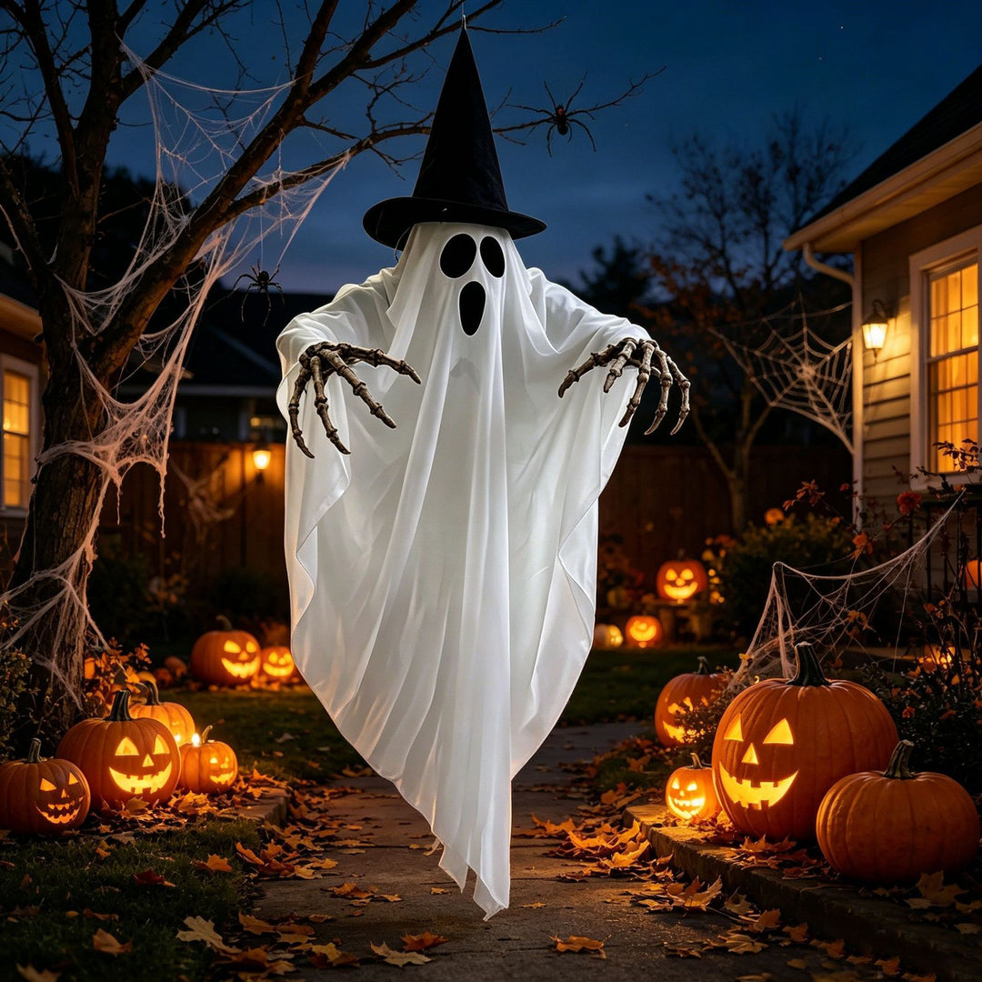 LED hanging ghost decoration with witch hat and skeleton arms
