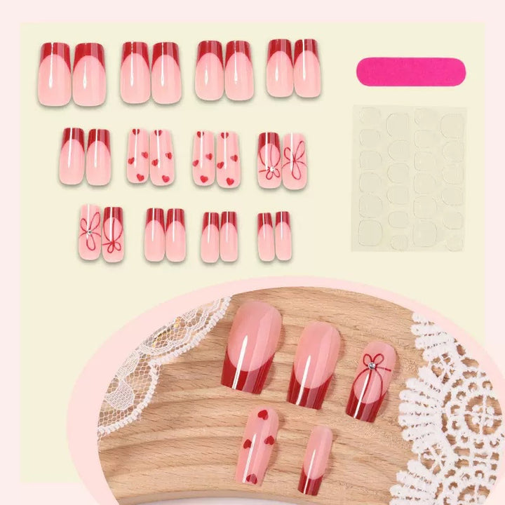 Artificial nail set with romantic heart and bow motifs Kalsten