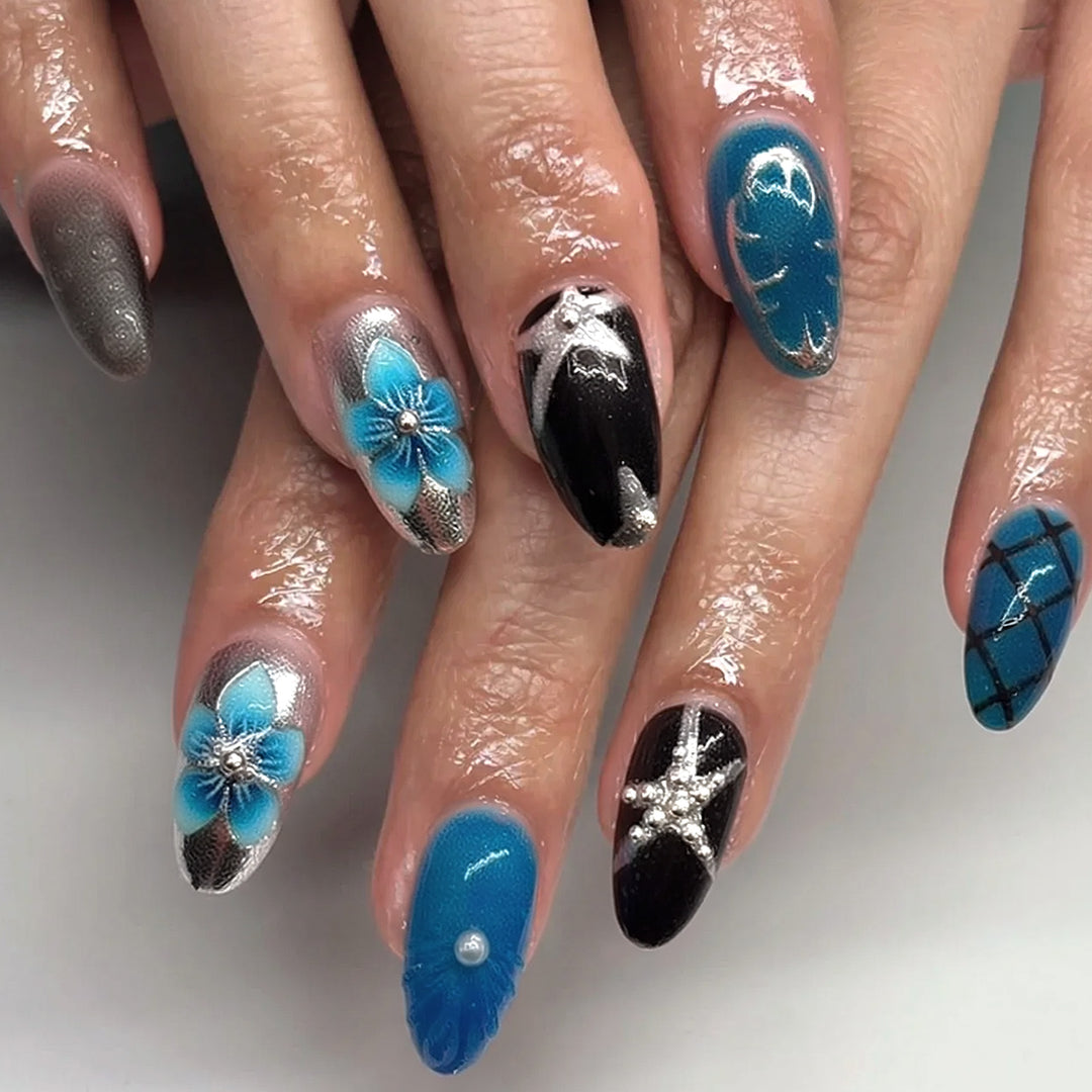 Artistic Press-On Nail Set with Floral Motifs Kalsten