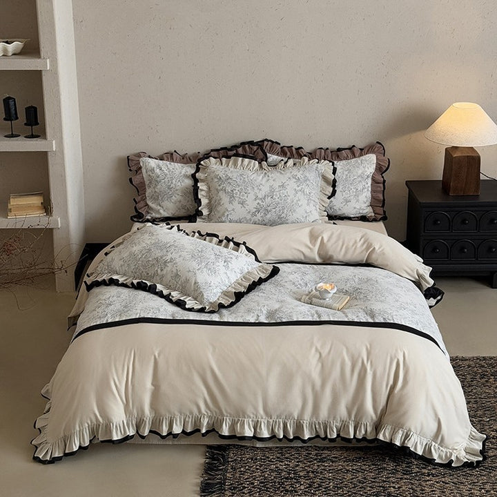 Premium bedding set with ruffles and vintage toile pattern
