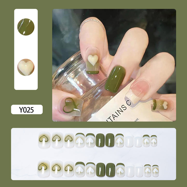 Artistic Press-On Nail Set with Heart and Leaf Designs