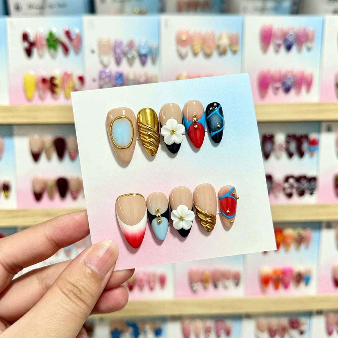 3D Floral Decorative Press-On Nails with Gem Accents