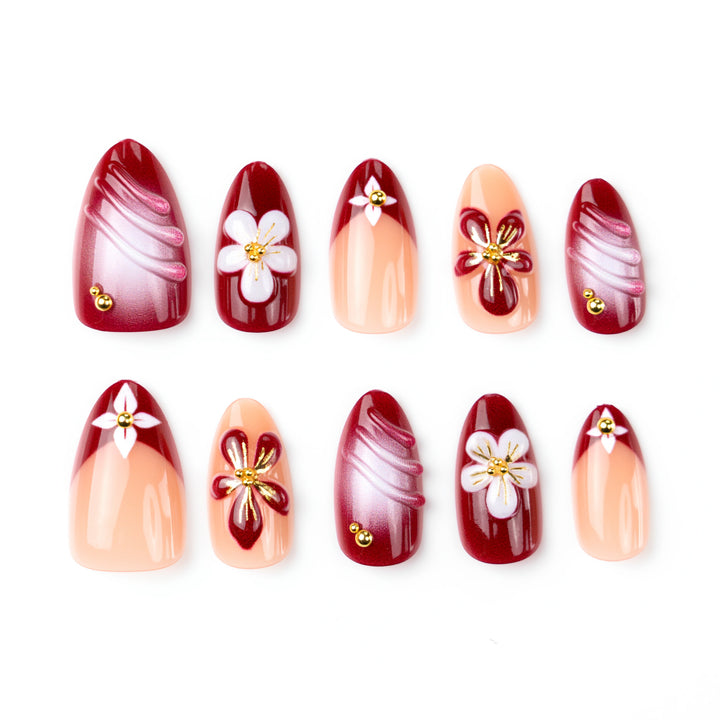 Elegant Floral-Embellished Press-On Nail Design