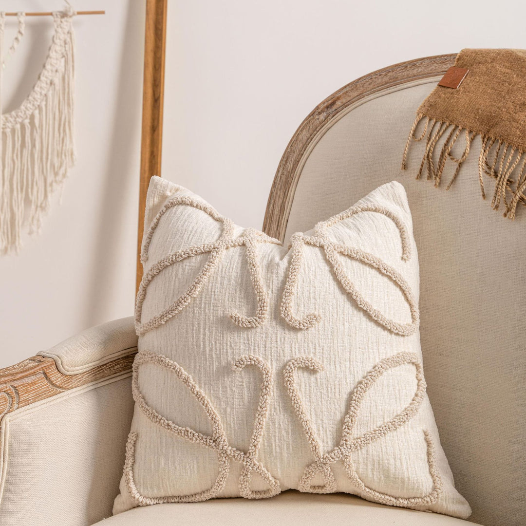 Bohemian Loop-Tufted Lumbar Pillow Cover with Curved Appliqué Texture