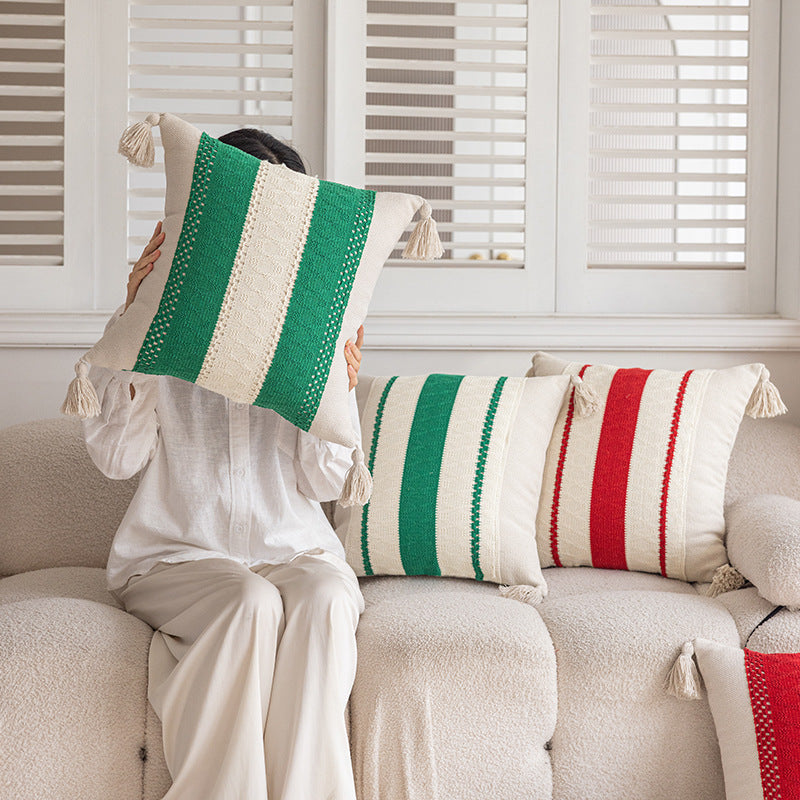 Handwoven Striped Tassel Lumbar Throw Pillow Cover with Hidden Zipper
