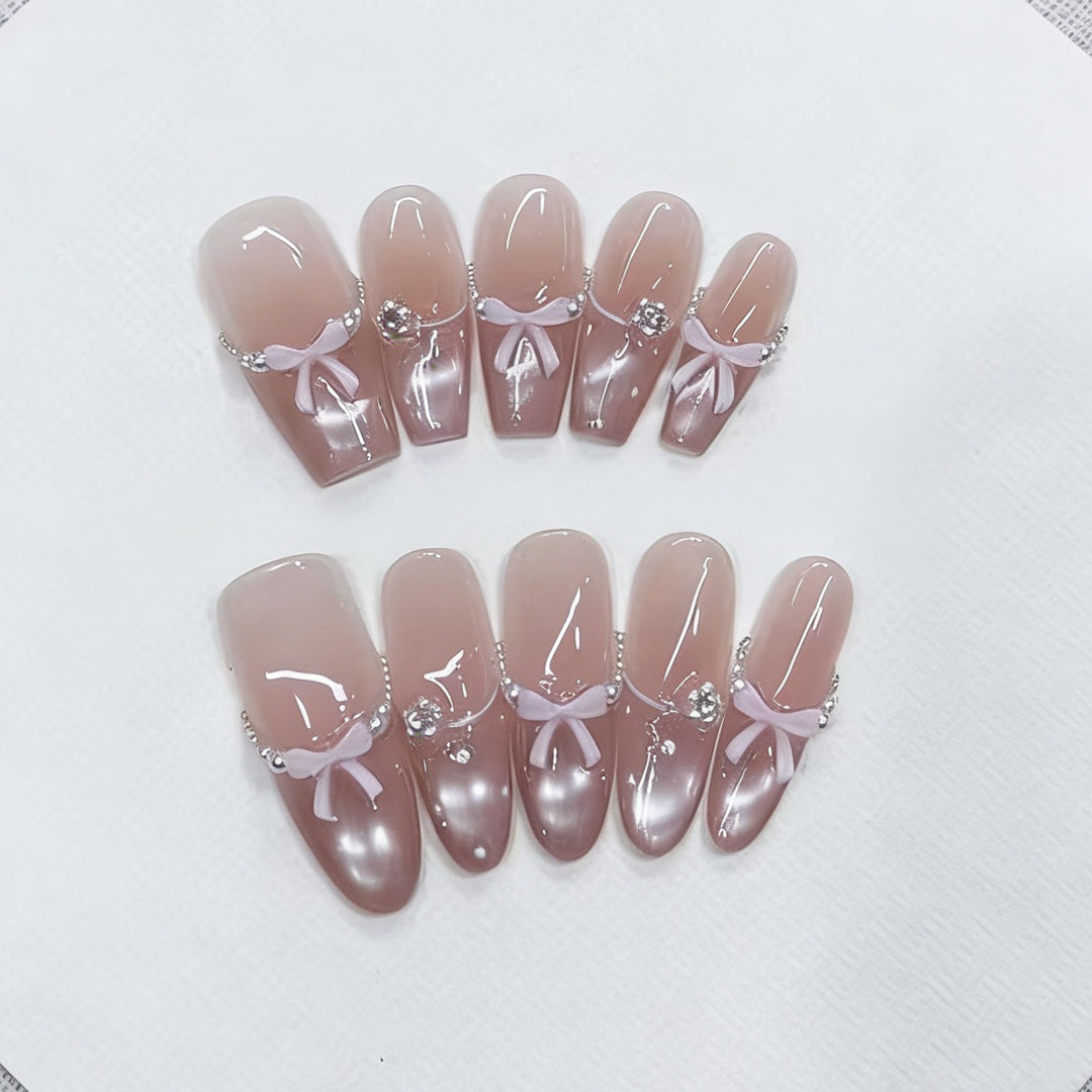 Decorative Press-On Nail Set with Elegant Bow and Gem Accents Kalsten