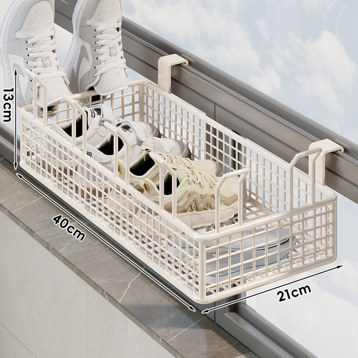 Window-Rail Hanging Shoe Storage Basket with Ventilated Grid and Adjustable Clamp Hooks