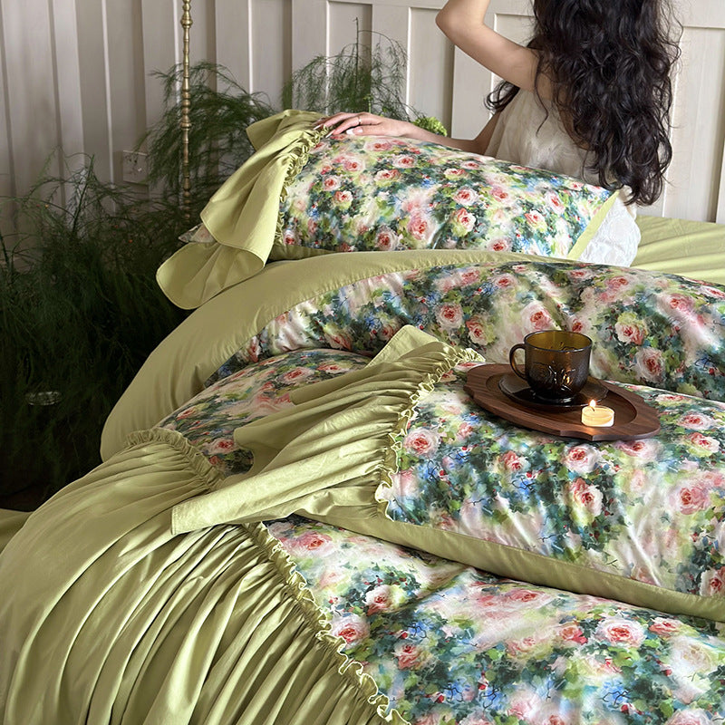 Luxurious cotton bedding set with ruffles, frills and watercolor rose print