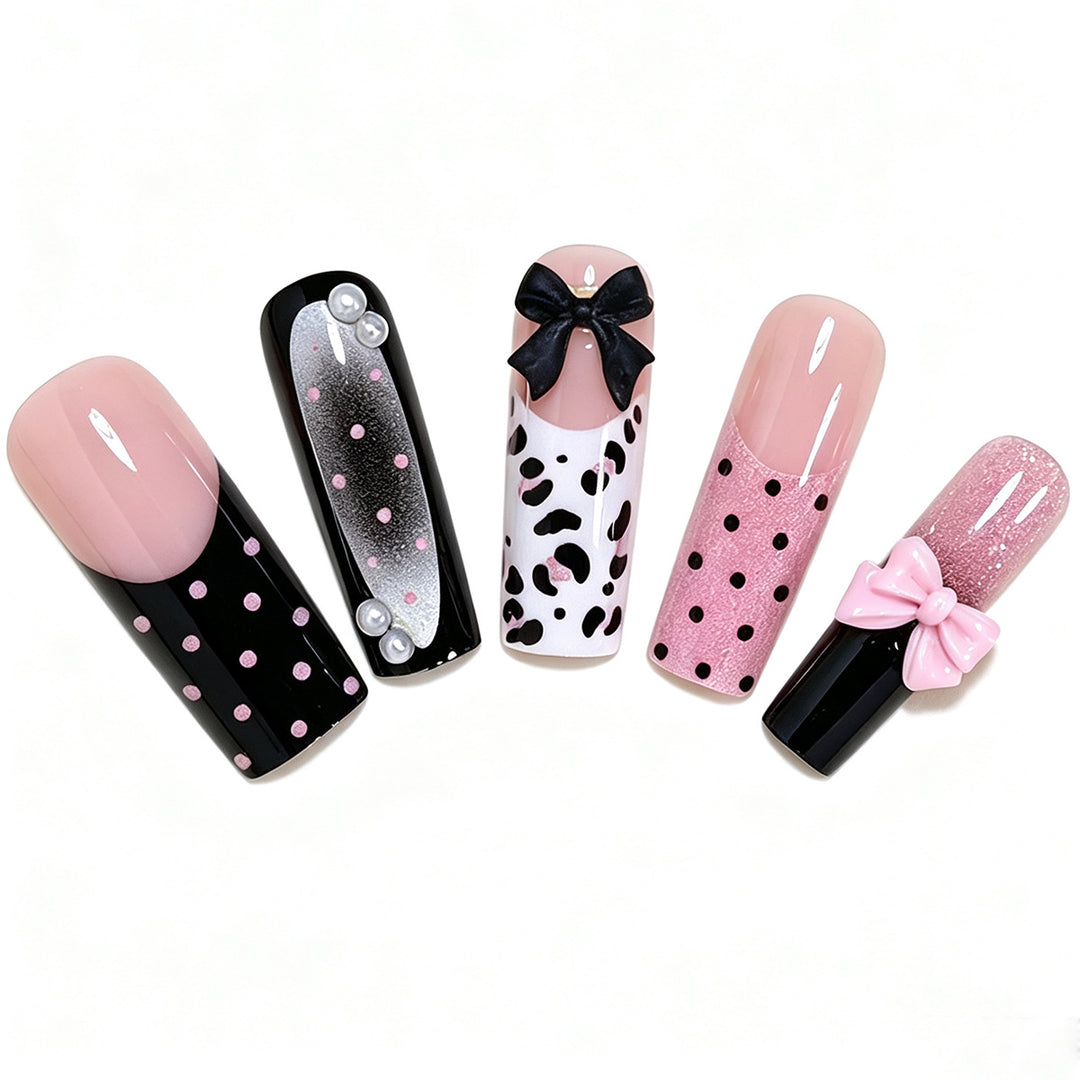 Decorative Press-On Nail Art Set with Polka Dots and Bows Kalsten