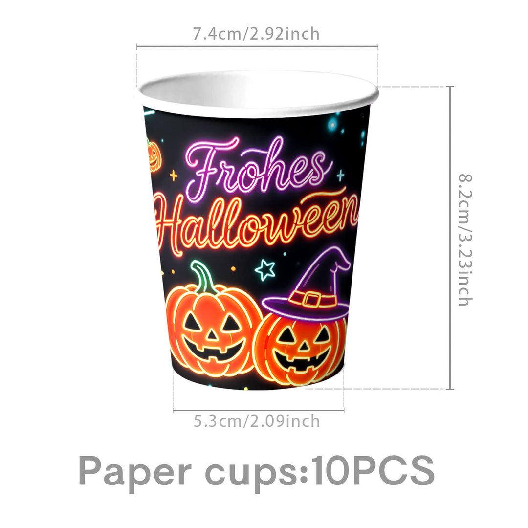 Complete Halloween Party Table Decoration Set with Neon Pumpkin Design Disposable Dinnerware and Garland