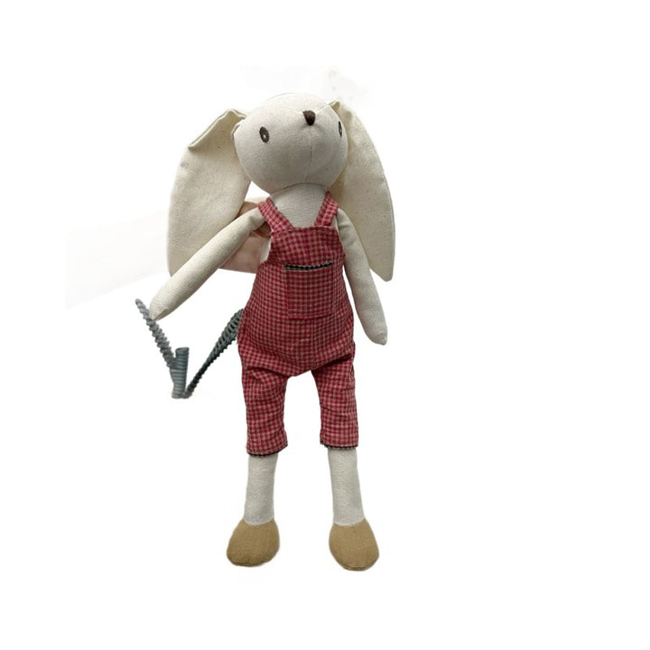 Handmade Linen Bunny Doll with Long Ears and Gingham Overalls