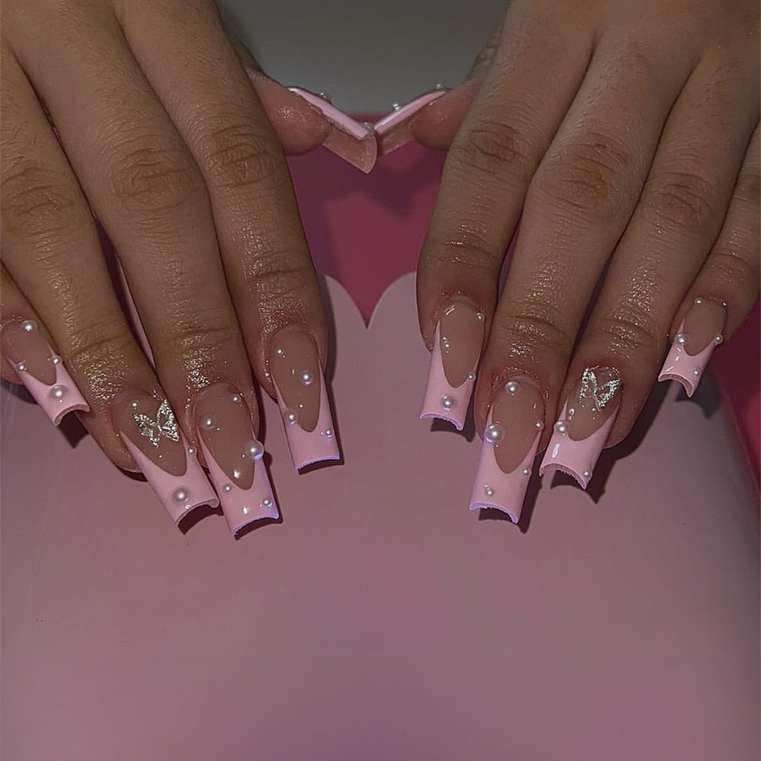 Acrylic nail set with stylish 3D pearl and glitter decorations Kalsten