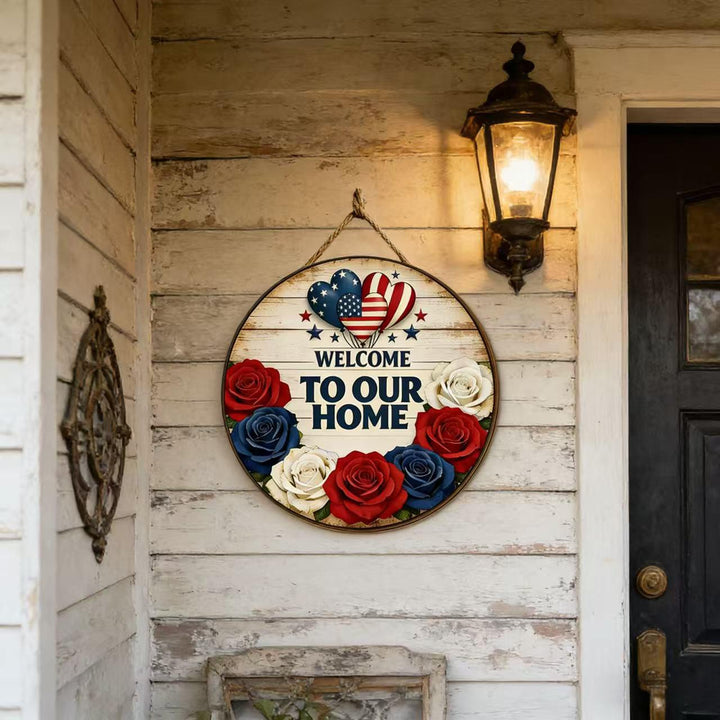 Independence Day layered satin ribbon floral door wreath with jute hanger Kalsten