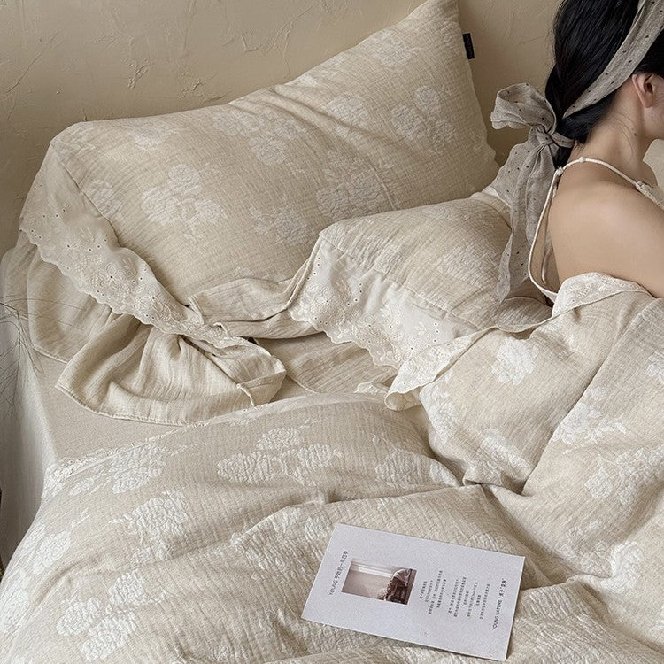 Vintage-inspired cotton-linen bedding set with ruffled trim & broderie anglaise