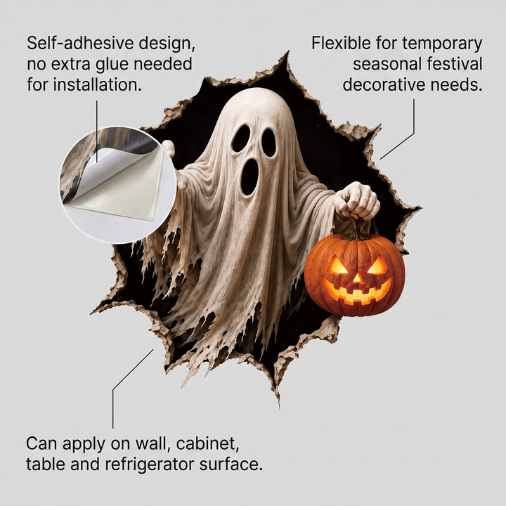 Realistic 3D wall sticker Halloween witch with breaking wall and candy