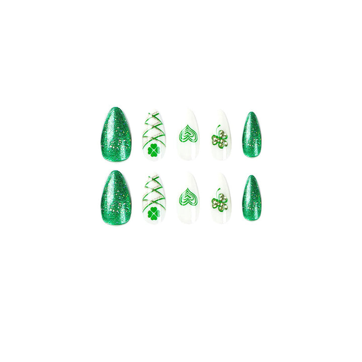 Artistic Stiletto Nails with Glitter and Clover Leaf Designs Kalsten