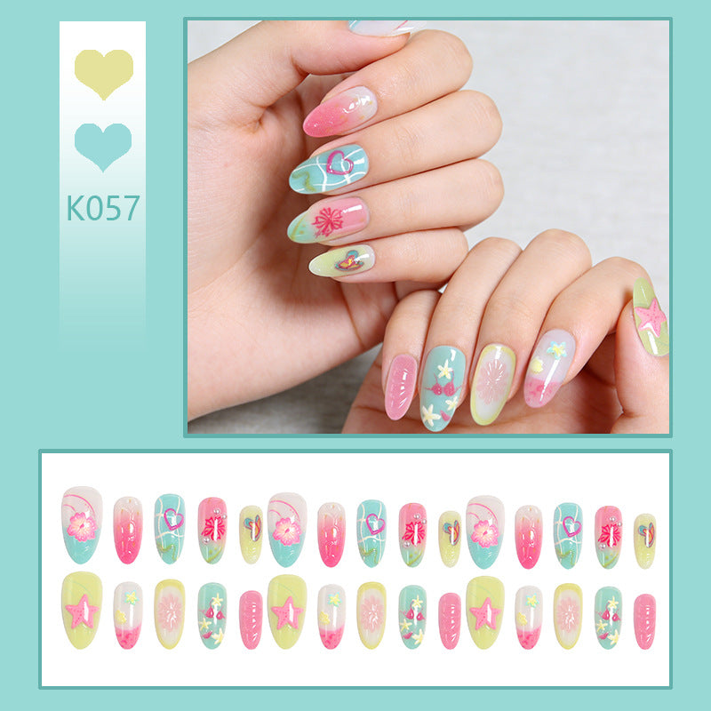 Acrylic Nail Set with Colorful Flower and Beach Design Kalsten
