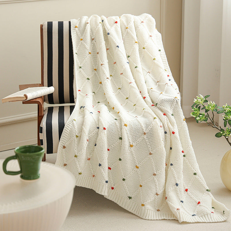 Knitted baby blanket made of cotton blend with diamond pattern and colorful stitch points Kalsten