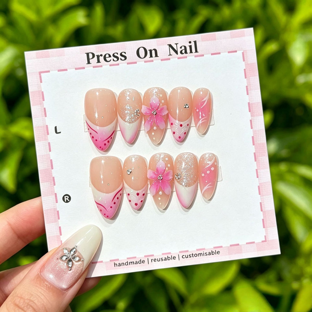 Artistic Press-On Nail Art Set with Cute Character and Bow Accents