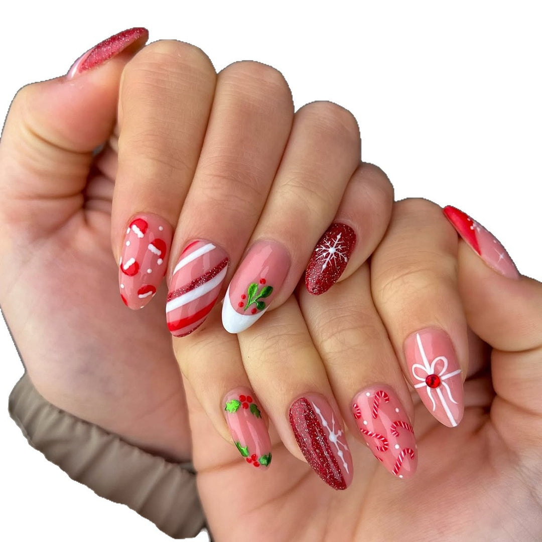 Art nail set with festive candy cane and Christmas motifs Kalsten
