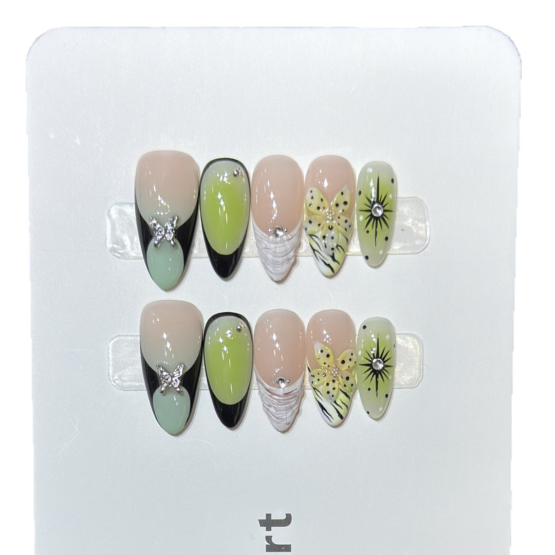 Artistic Press-On Nail Set with Butterfly and Floral Designs Kalsten