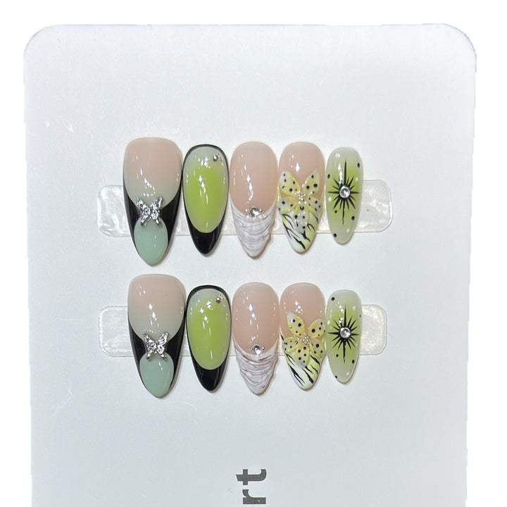 Artistic Press-On Nail Set with Butterfly and Floral Designs Kalsten