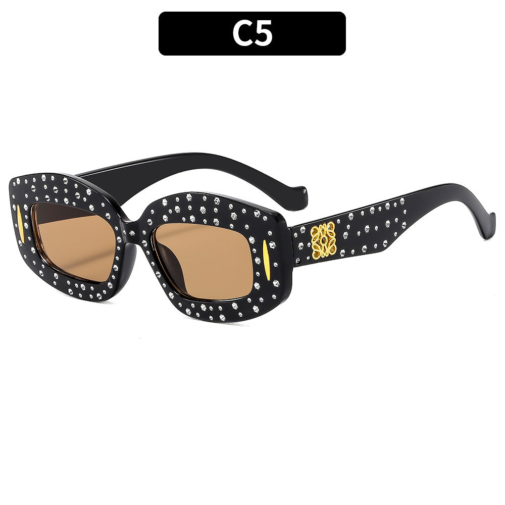 Vintage-Inspired Rhinestone-Embellished Rectangle Sunglasses