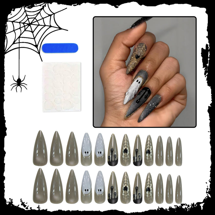 Halloween Art Nail Set with Elegant Ghost and Spider Motifs Kalsten