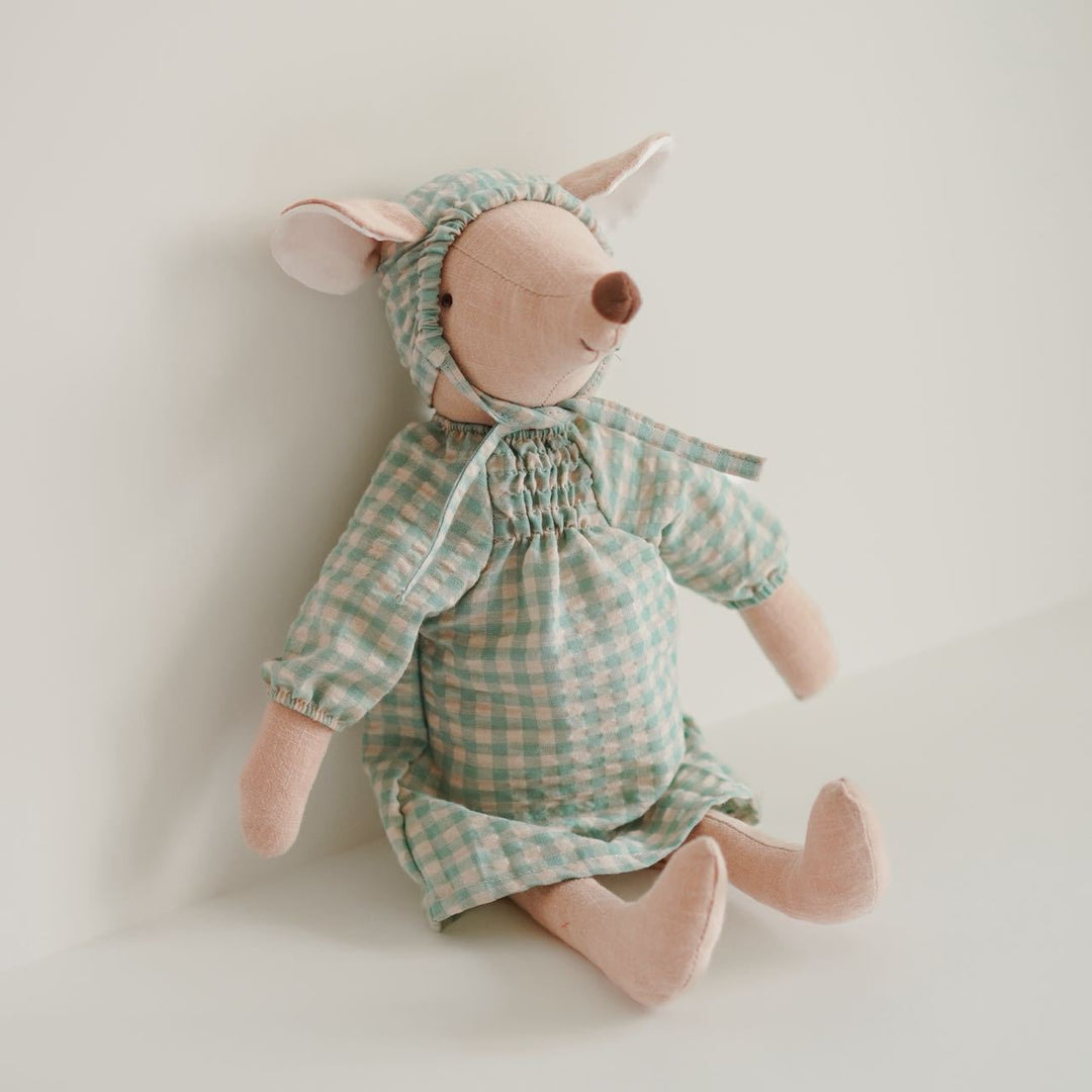 Handmade Linen Plush Mouse Doll with Gingham Overalls