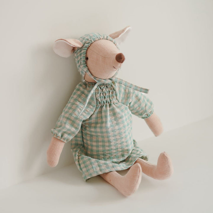 Handmade Linen Plush Mouse Doll with Gingham Overalls