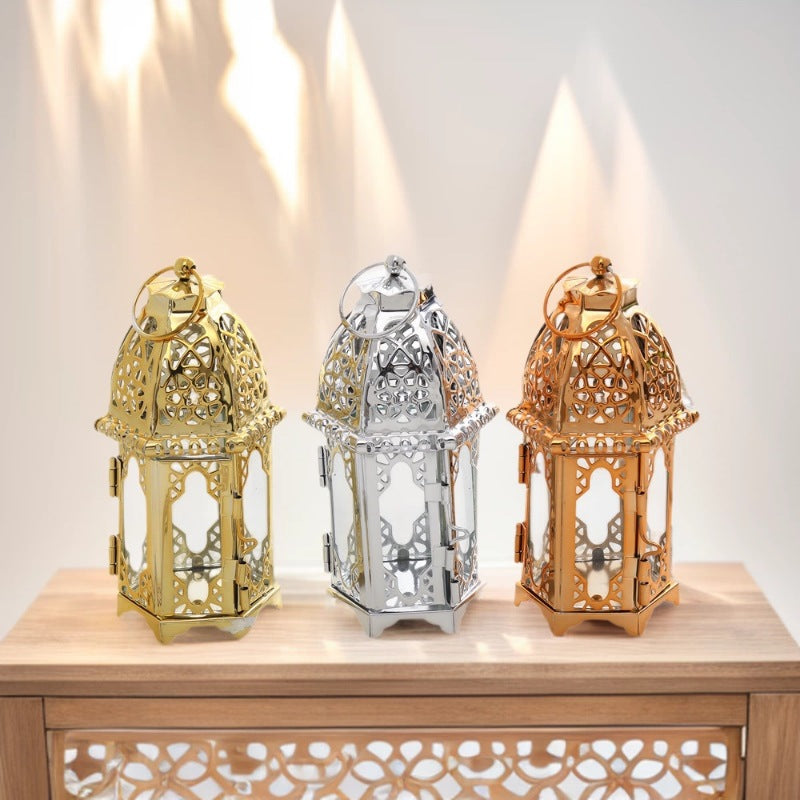 Intricate Cutwork Metal Tealight Lantern with Hinged Glass Panels Kalsten