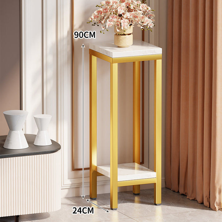 Tall Narrow Marble-Top Plant Stand Side Table with Lower Shelf and Gold Metal Frame